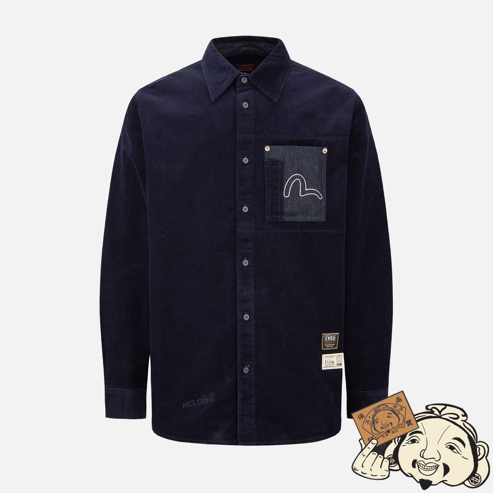 Men Evisu LOGO EMBROIDERY CORDUROY SHIRT Bleu Marine | 392QUYSWP