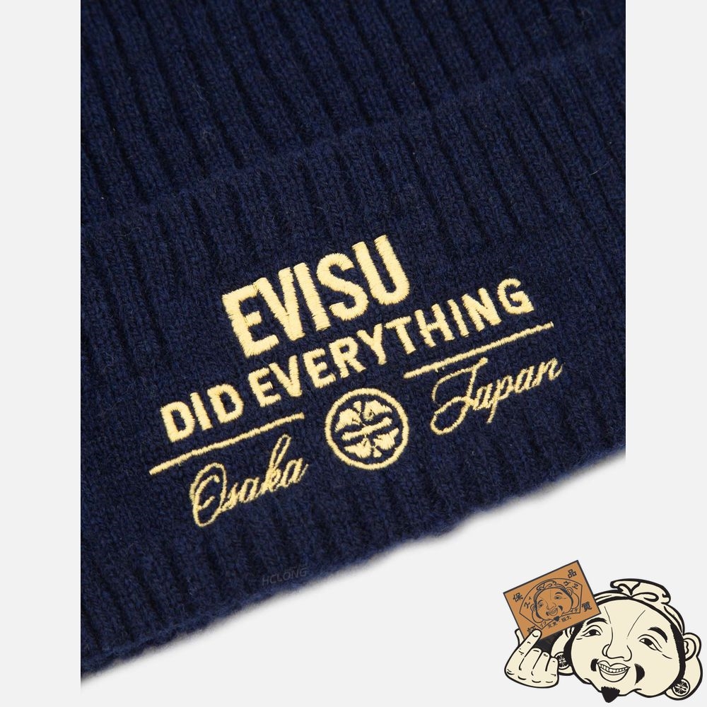 Men Evisu LOGO EMBROIDERY LAMBSWOOL BEANIE Bleu Marine | 385BOJKXW