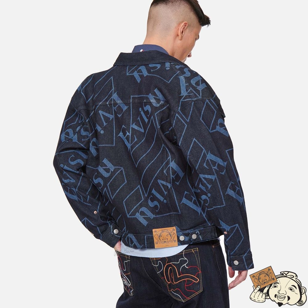 Men Evisu LOGO MONOGRAM DISCHARGED PRINT DENIM JACKET Indigo | 879TDZEWG