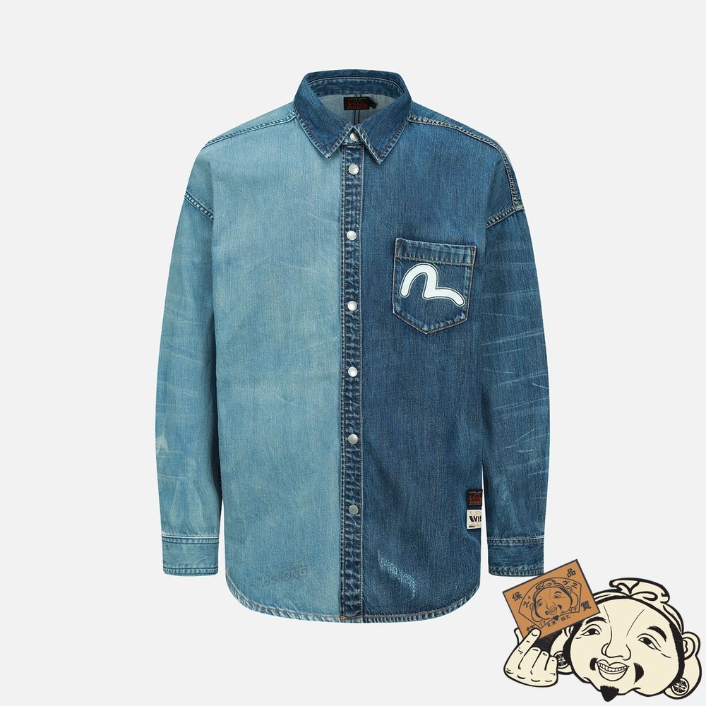 Men Evisu LOGO PRINT AND APPLIQUÉ HALF & HALF DENIM SHIRT Indigo | 759QZMRCJ