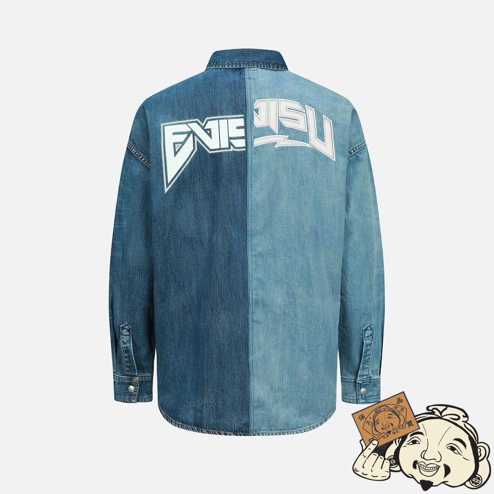 Men Evisu LOGO PRINT AND APPLIQUÉ HALF & HALF DENIM SHIRT Indigo | 759QZMRCJ