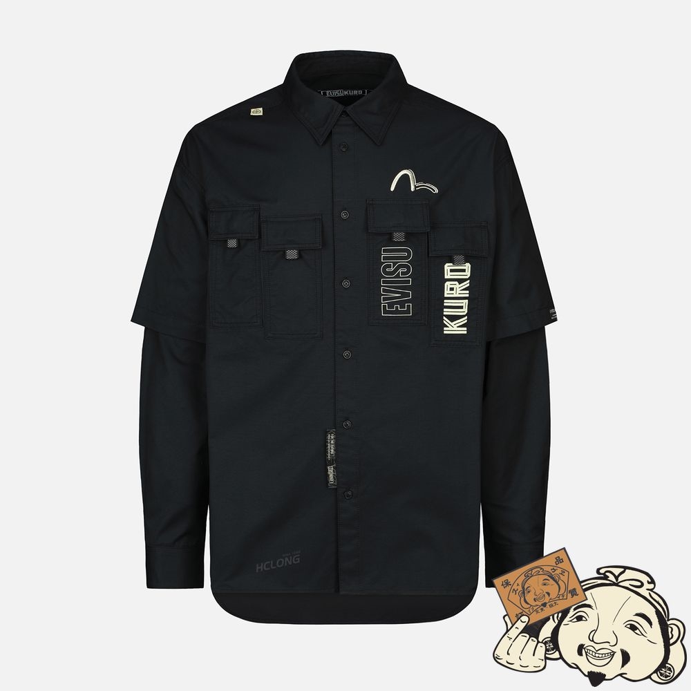 Men Evisu LOGO PRINT MULTI POCKET MOCK 2-IN-1 SHIRT Noir | 182KBUGZX