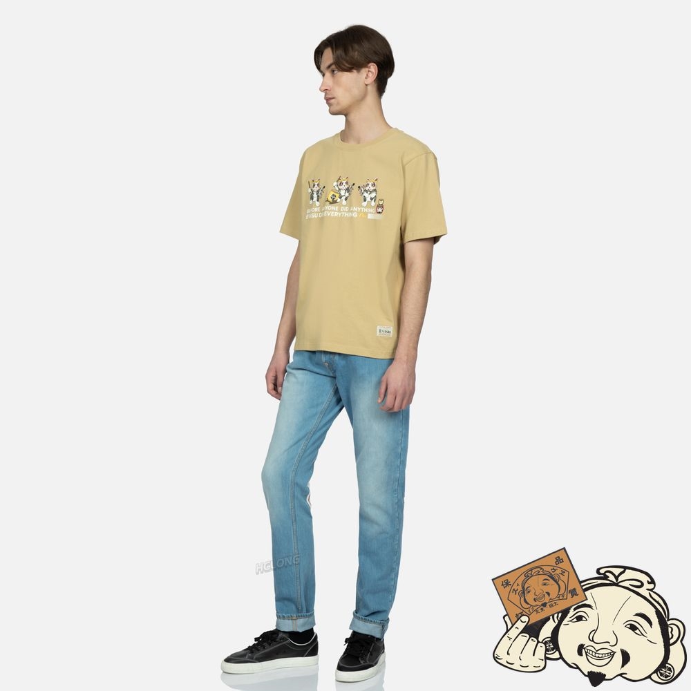 Men Evisu LUCKY CAT DRUMMING GRAPHICS PRINT T-SHIRT Beige | 286ELFODJ