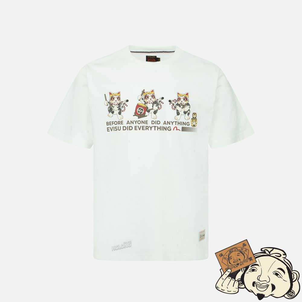 Men Evisu LUCKY CAT DRUMMING GRAPHICS PRINT T-SHIRT Blanche | 897SZYXAO