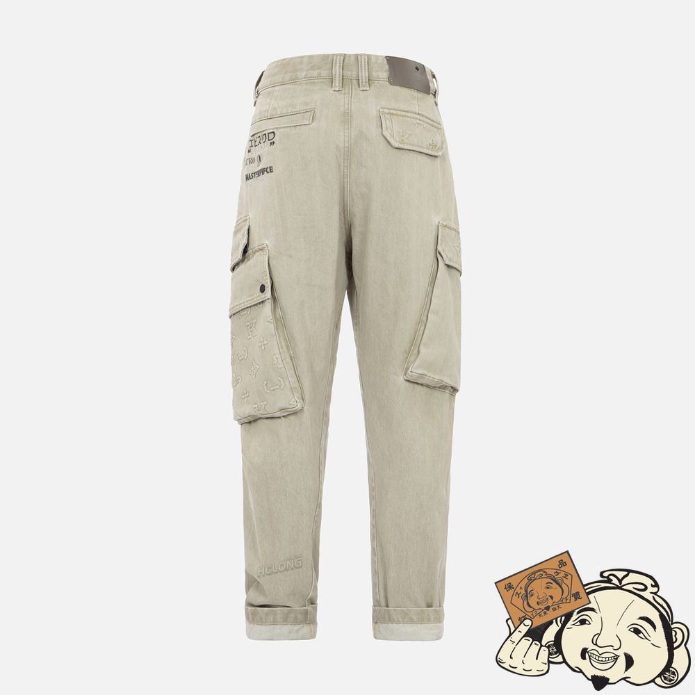 Men Evisu MIXED GRAPHIC EMBOSSED 3D CARGO DENIM JOGGERS Kaki | 843ANLPMR