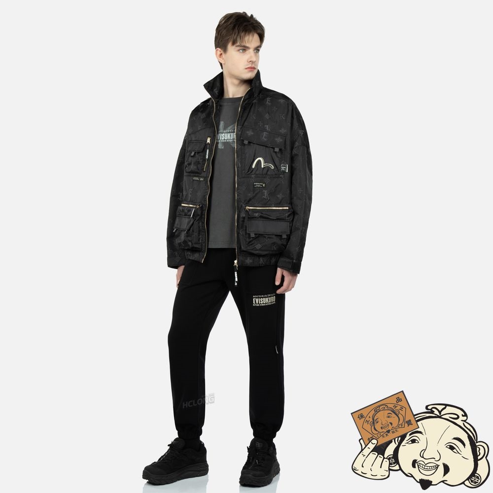 Men Evisu MONOGRAM KAMON AND LOGO JACQUARD BOMBER JACKET Noir | 501TQHEYJ