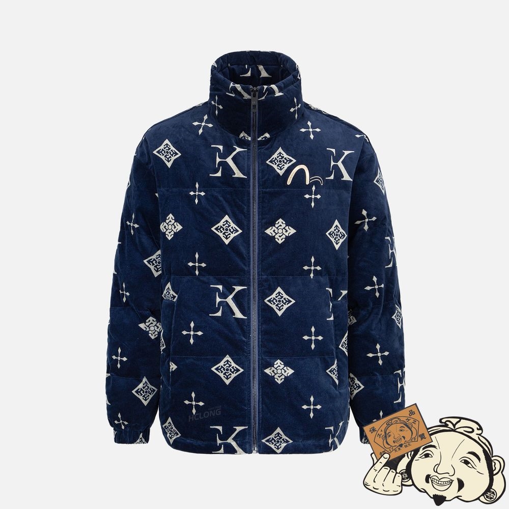 Men Evisu MONOGRAM PRINT VELVET PADDED JACKET Bleu Marine | 380FVWRYD