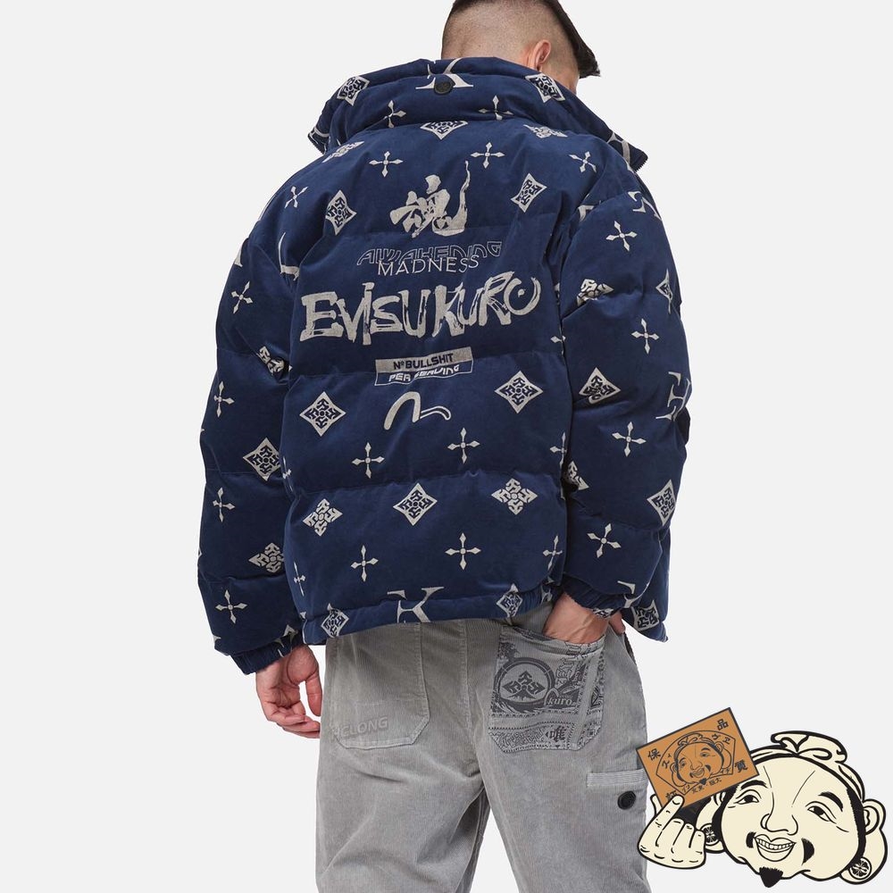 Men Evisu MONOGRAM PRINT VELVET PADDED JACKET Bleu Marine | 380FVWRYD