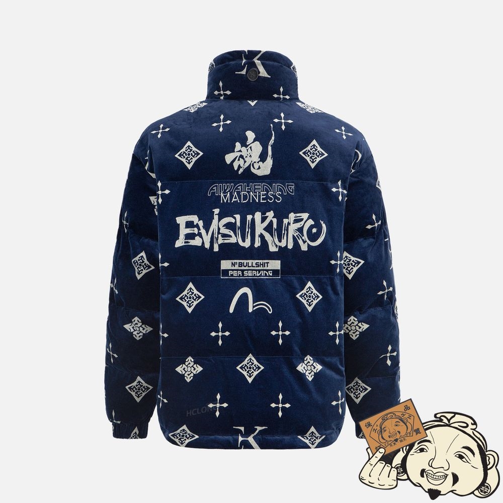 Men Evisu MONOGRAM PRINT VELVET PADDED JACKET Bleu Marine | 380FVWRYD