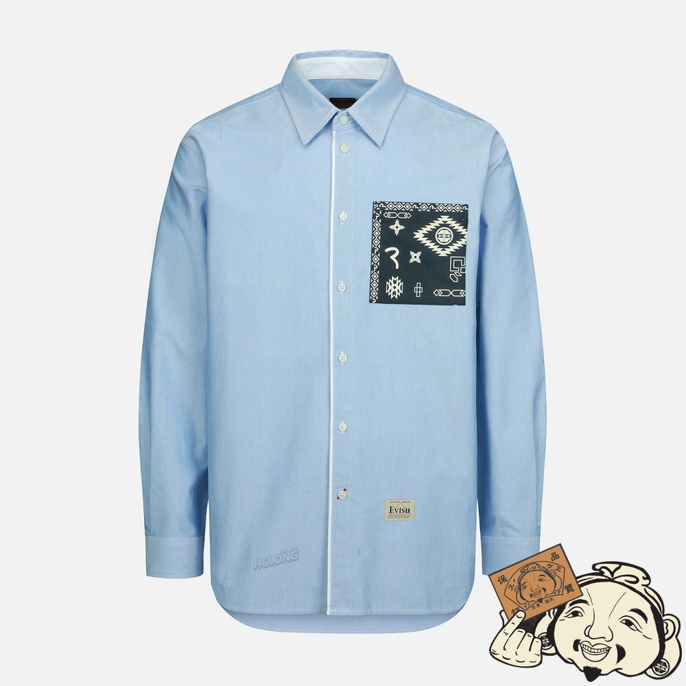 Men Evisu NOMADIC-PATTERN SEAGULL APPLIQUÉ OXFORD SHIRT Bleu | 598IFPGST