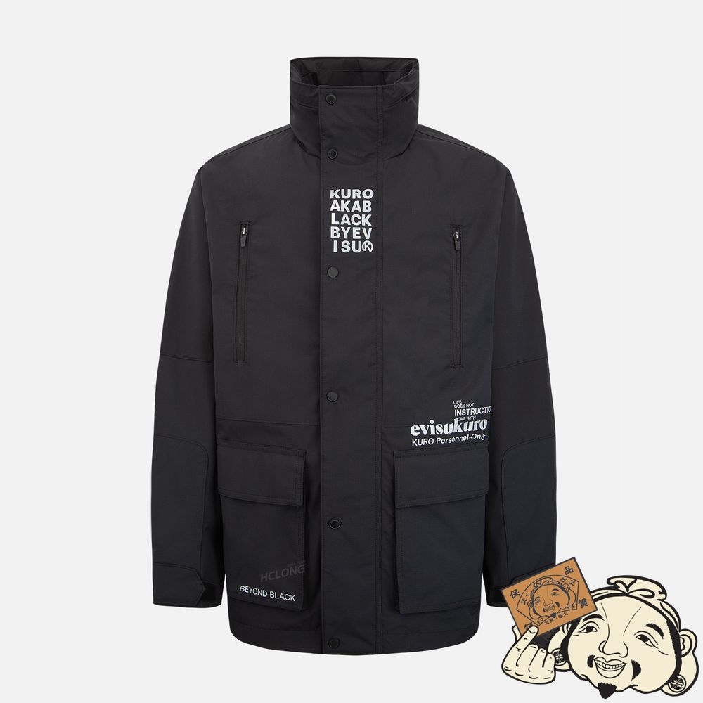 Men Evisu RETRACTABLE HOOD FUNCTIONAL OUTDOOR JACKET Noir | 697JXOTND