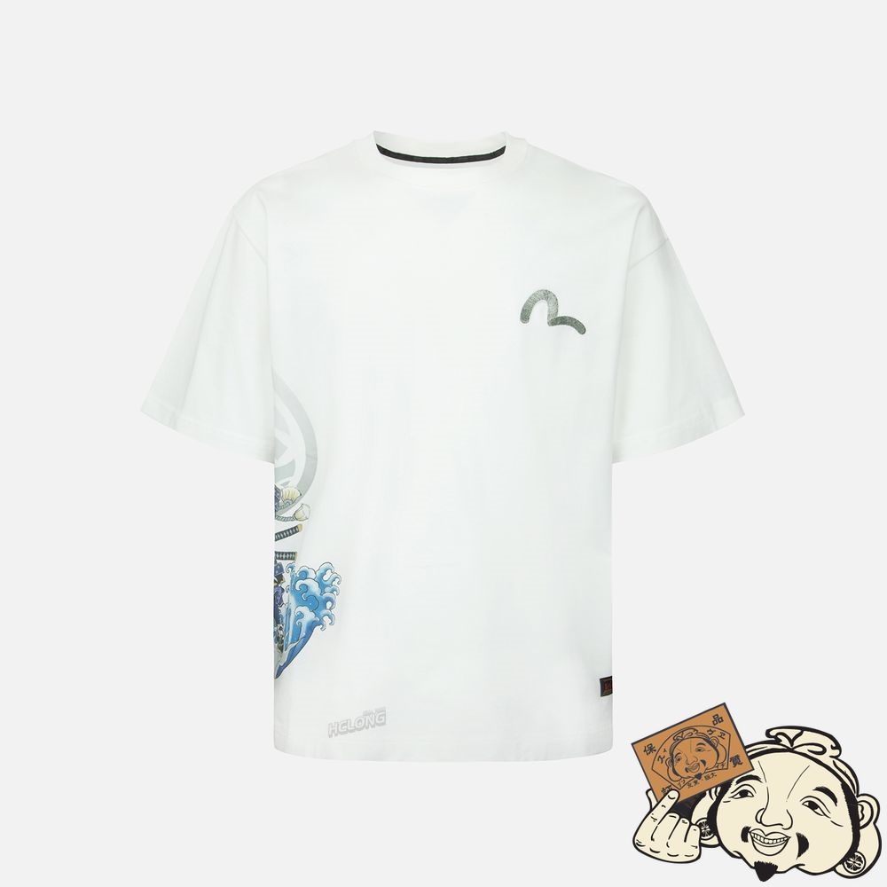 Men Evisu SAMURAI PRINT WITH SEAGULL EMBROIDERY T-SHIRT Blanche | 427KDFUAQ