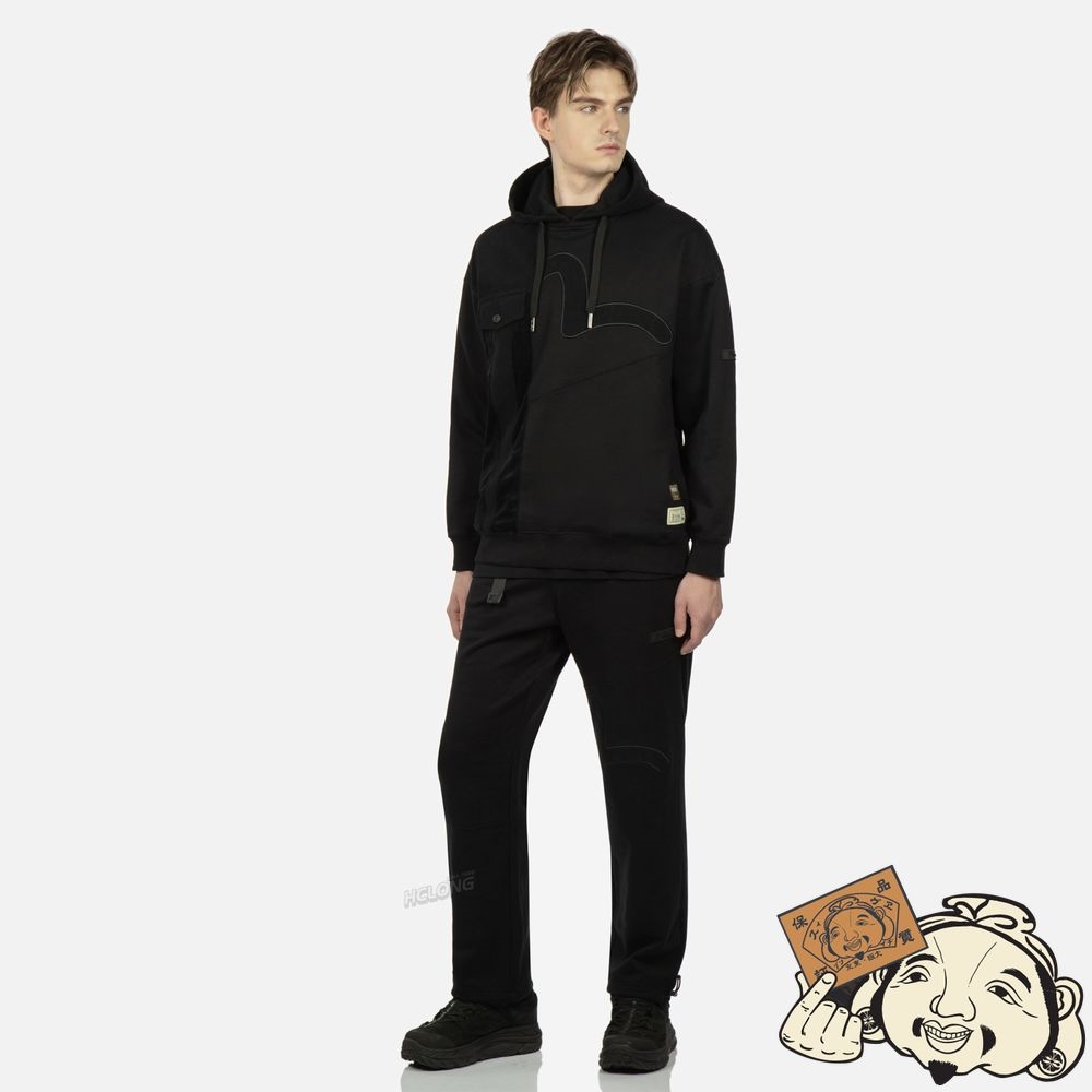 Men Evisu SEAGULL APPLIQUÉ PATCHWORK SWEATPANTS Noir | 869PUBYOR