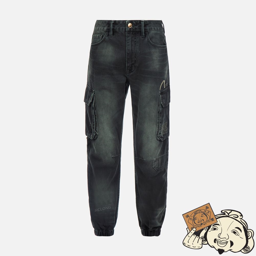 Men Evisu SEAGULL EMBROIDERED WASHED DENIM JOGGERS CHARCOAL | 527JTZPRC