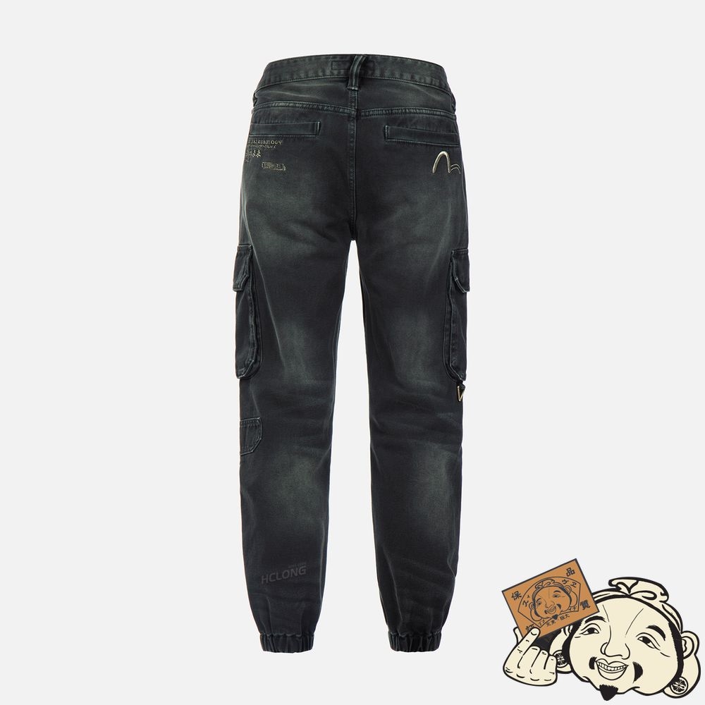 Men Evisu SEAGULL EMBROIDERED WASHED DENIM JOGGERS CHARCOAL | 527JTZPRC