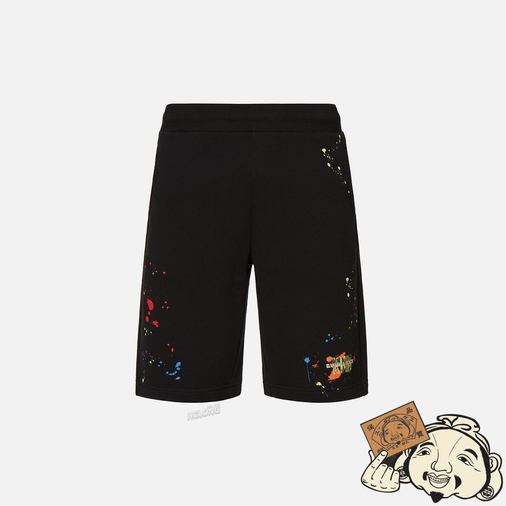 Men Evisu SEAGULL EMBROIDERY PAINT-SPLATTERED SWEAT SHORTS Noir | 391FCJTZY