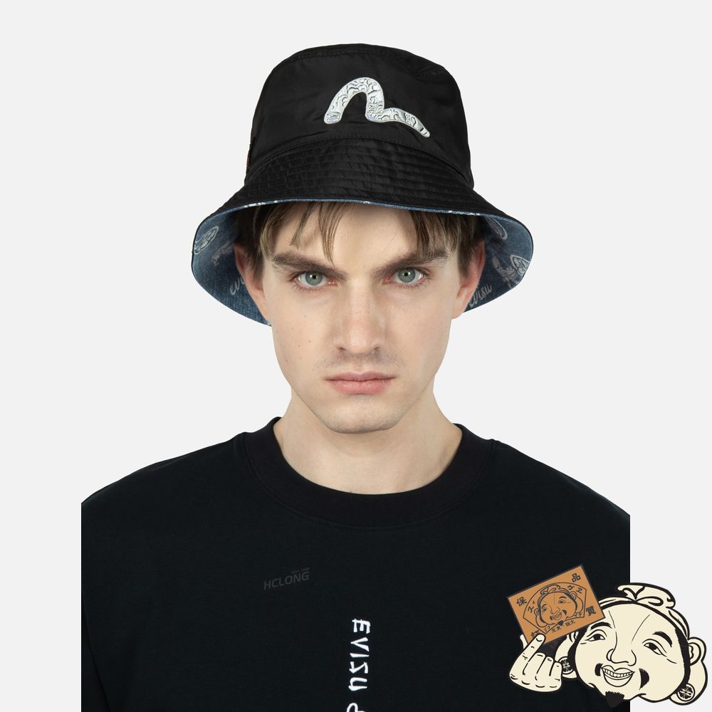 Men Evisu SEAGULL EMBROIDERY REVERSIBLE BUCKET HAT Noir | 548DPKLJR