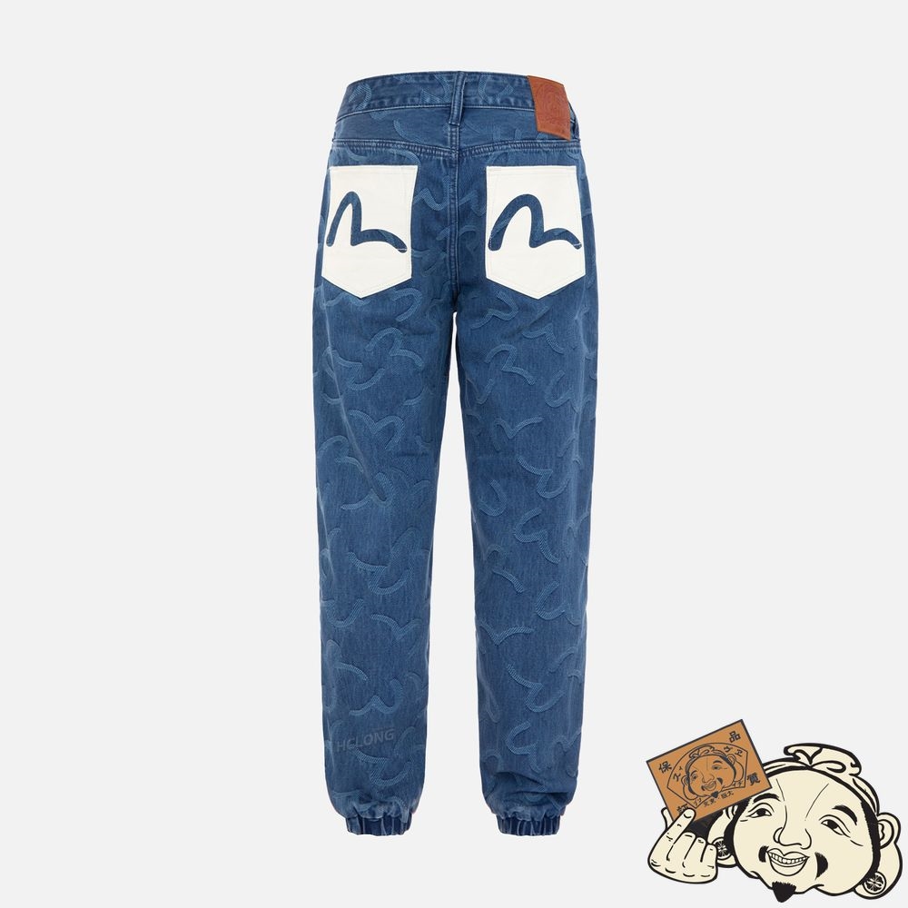 Men Evisu SEAGULL JACQUARD DENIM JOGGER PANTS Indigo | 503AJGNRL