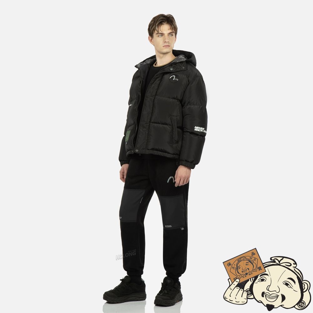 Men Evisu SEAGULL PATCH HOODED DOWN JACKET Noir | 901ZKLSFJ