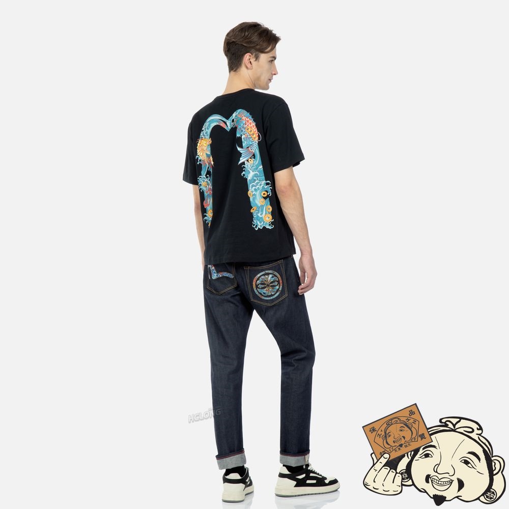 Men Evisu SEA WAVE AND DRAGON KOI-PATTERN DAICOCK PRINT T-SHIRT Noir | 158AYPVJN