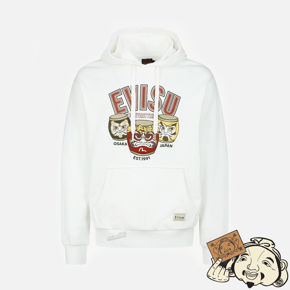 Men Evisu TAIKO DARUMA PRINT HOODED SWEATSHIRT Blanche | 812CJFVTK