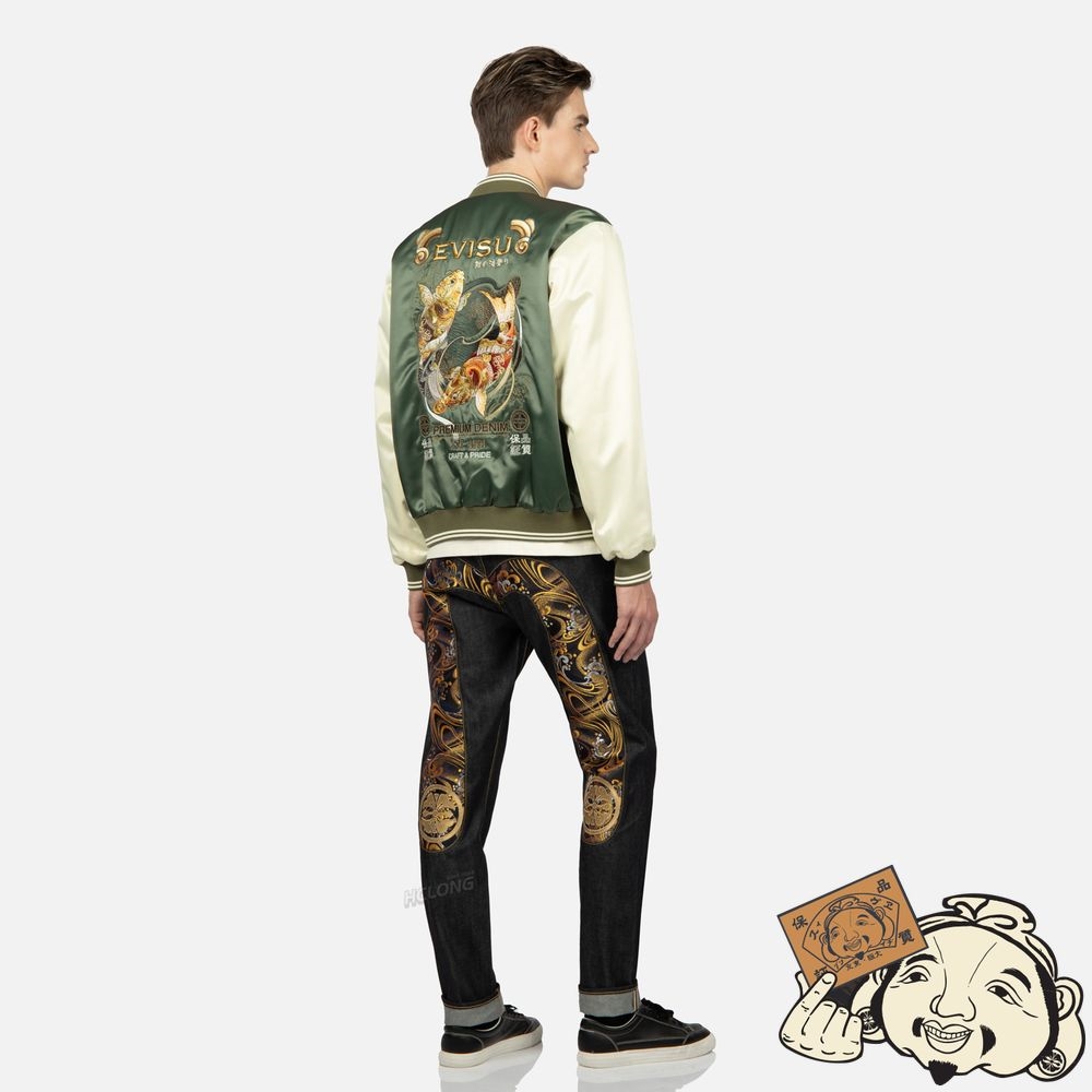 Men Evisu TATTOO KOI EMBROIDERY BOMBER JACKET Vert | 019LIVPZK