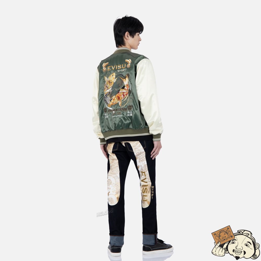 Men Evisu TATTOO KOI EMBROIDERY PADDED BOMBER JACKET Vert | 810RPNHVG