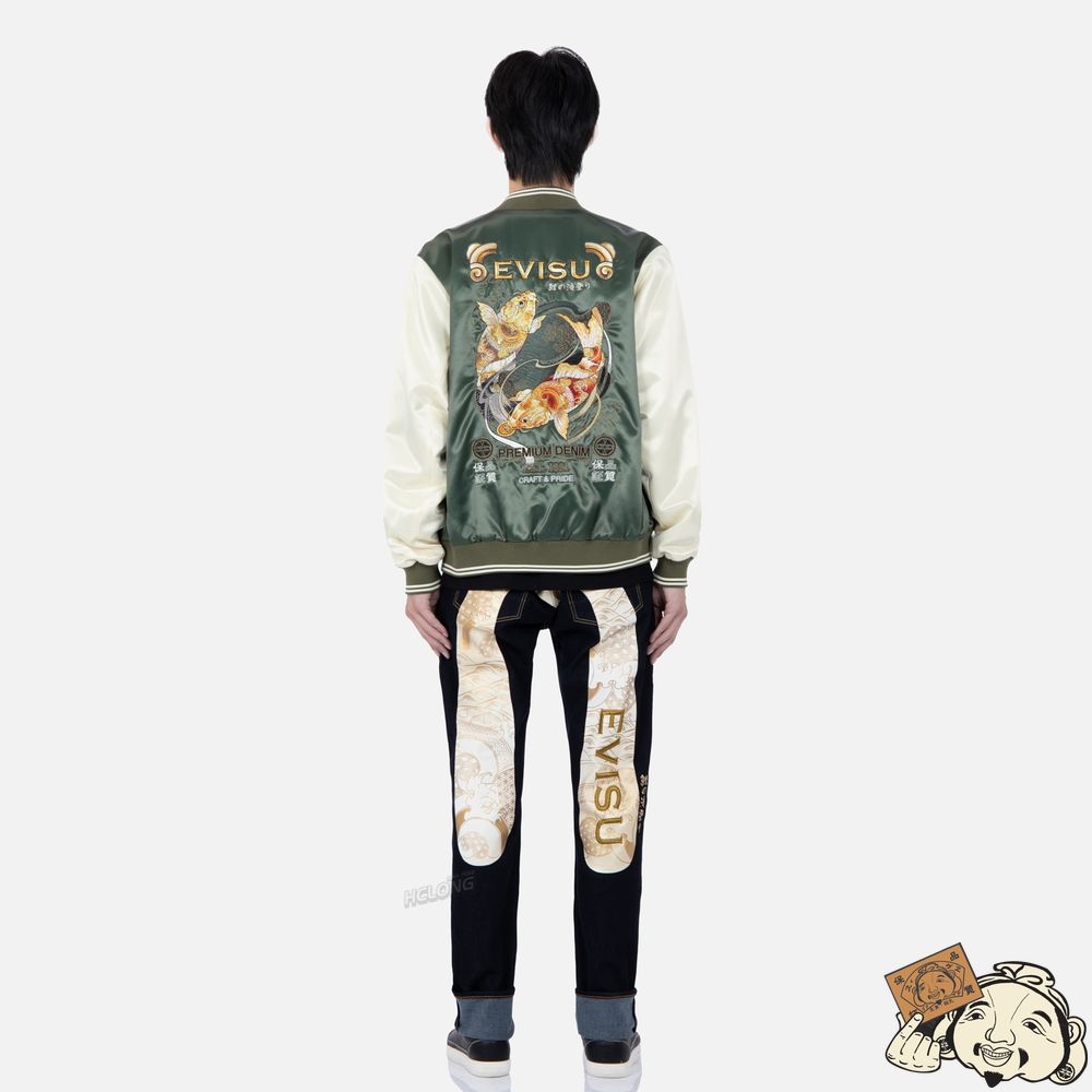 Men Evisu TATTOO KOI EMBROIDERY PADDED BOMBER JACKET Vert | 810RPNHVG