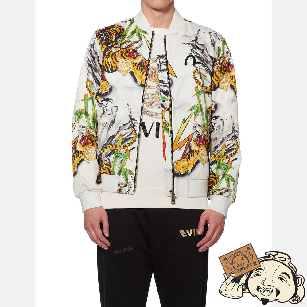 Men Evisu TIGER INK WASH PAINTING PRINT BOMBER JACKET Blanche | 193PFBIMQ