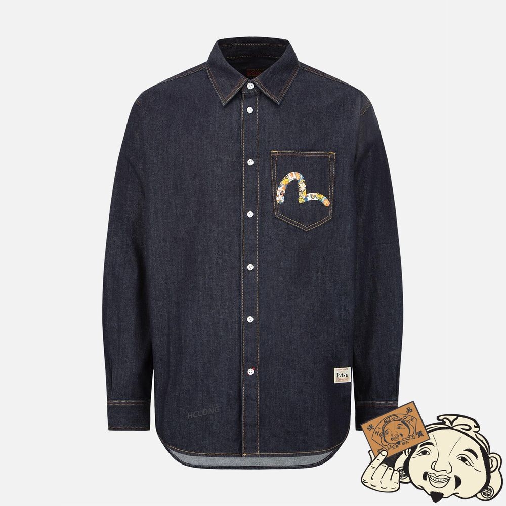 Men Evisu ZIP-UP DARUMA AND FORTUNE CAT PRINT DENIM SHIRT Indigo | 028UMZLAF