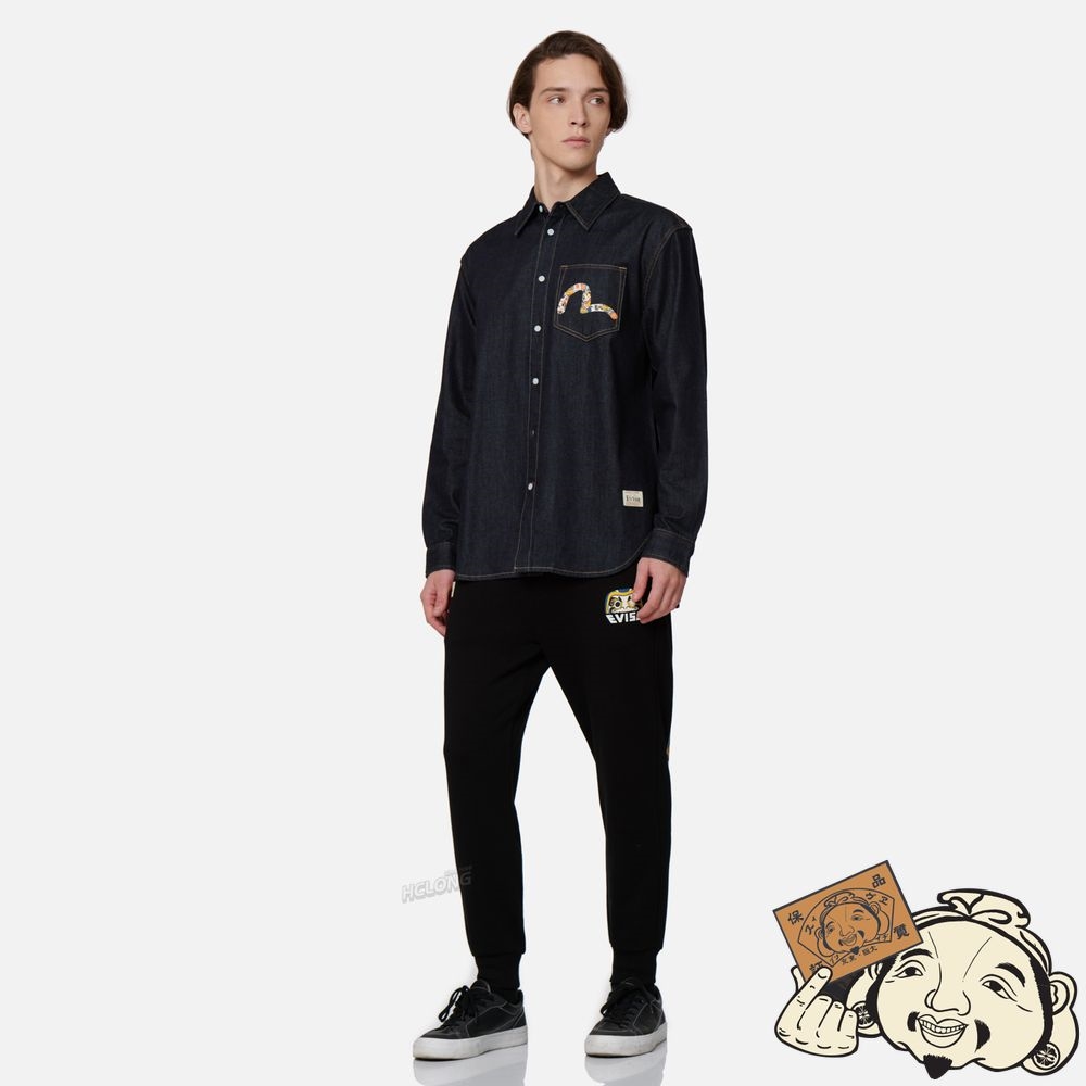 Men Evisu ZIP-UP DARUMA AND FORTUNE CAT PRINT DENIM SHIRT Indigo | 028UMZLAF