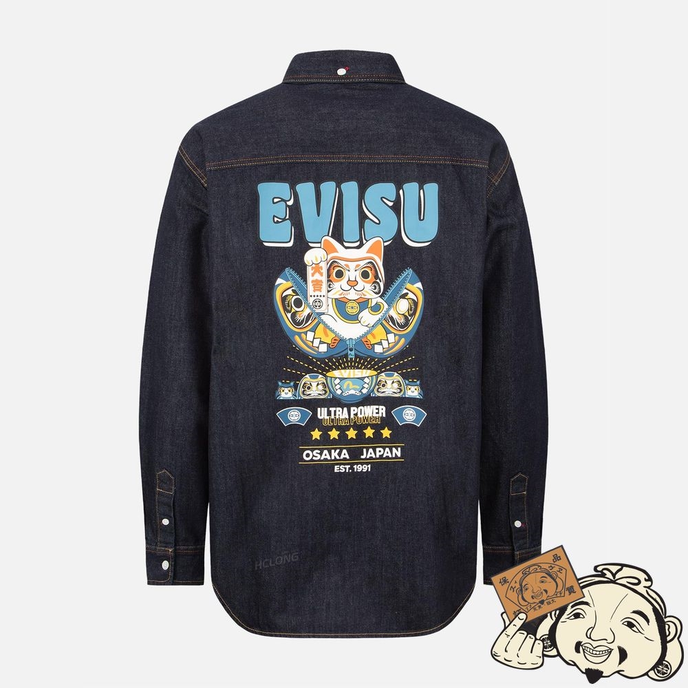 Men Evisu ZIP-UP DARUMA AND FORTUNE CAT PRINT DENIM SHIRT Indigo | 028UMZLAF