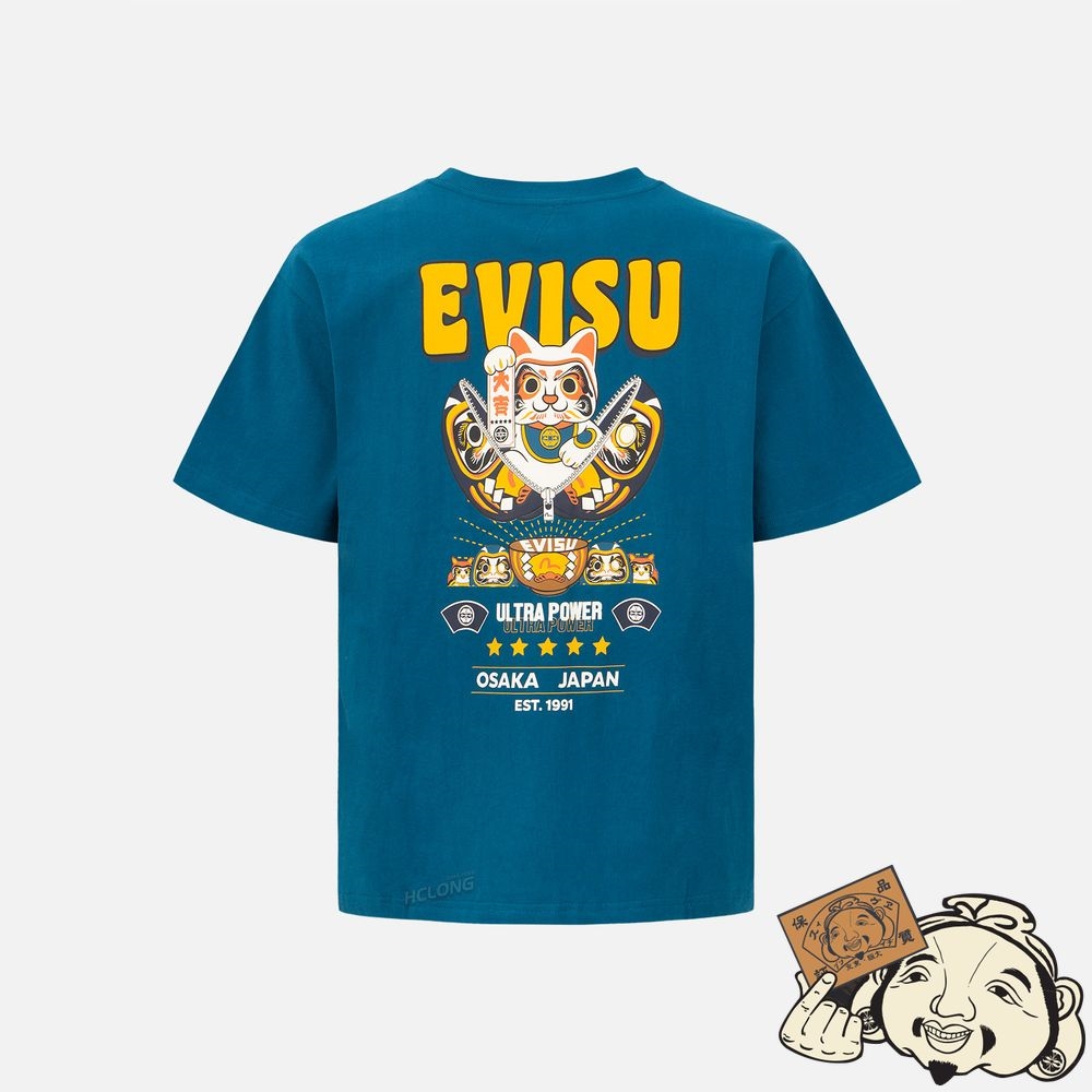 Men Evisu ZIP-UP DARUMA AND FORTUNE CAT PRINT T-SHIRT Paon | 764QMIKFR