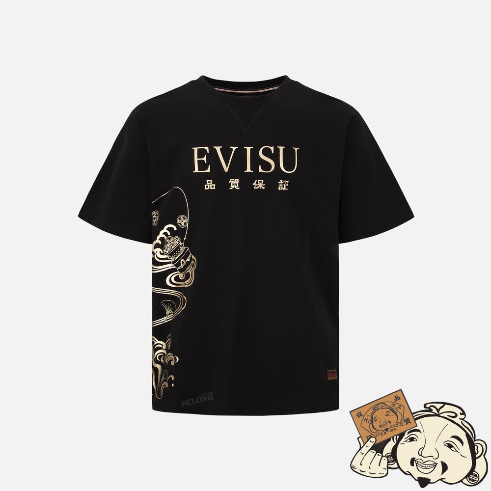 Men Evisu “THE FISHERMAN GOD OF FORTUNE” FOIL PRINT T-SHIRT Noir | 374UPIGMX