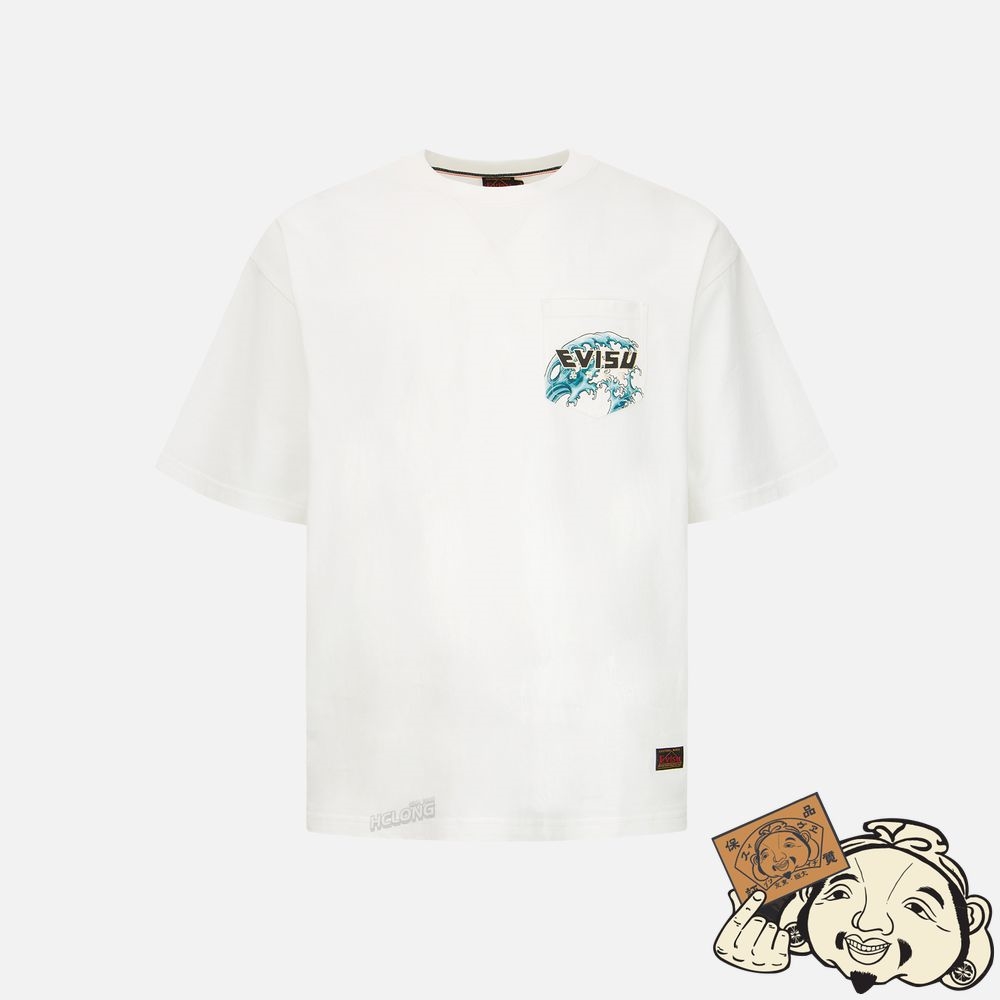 Men Evisu “THE GOD OF FORTUNE RIDING WAVES” 3D DAICOCK PRINT T-SHIRT Blanche | 023ZUHIJF