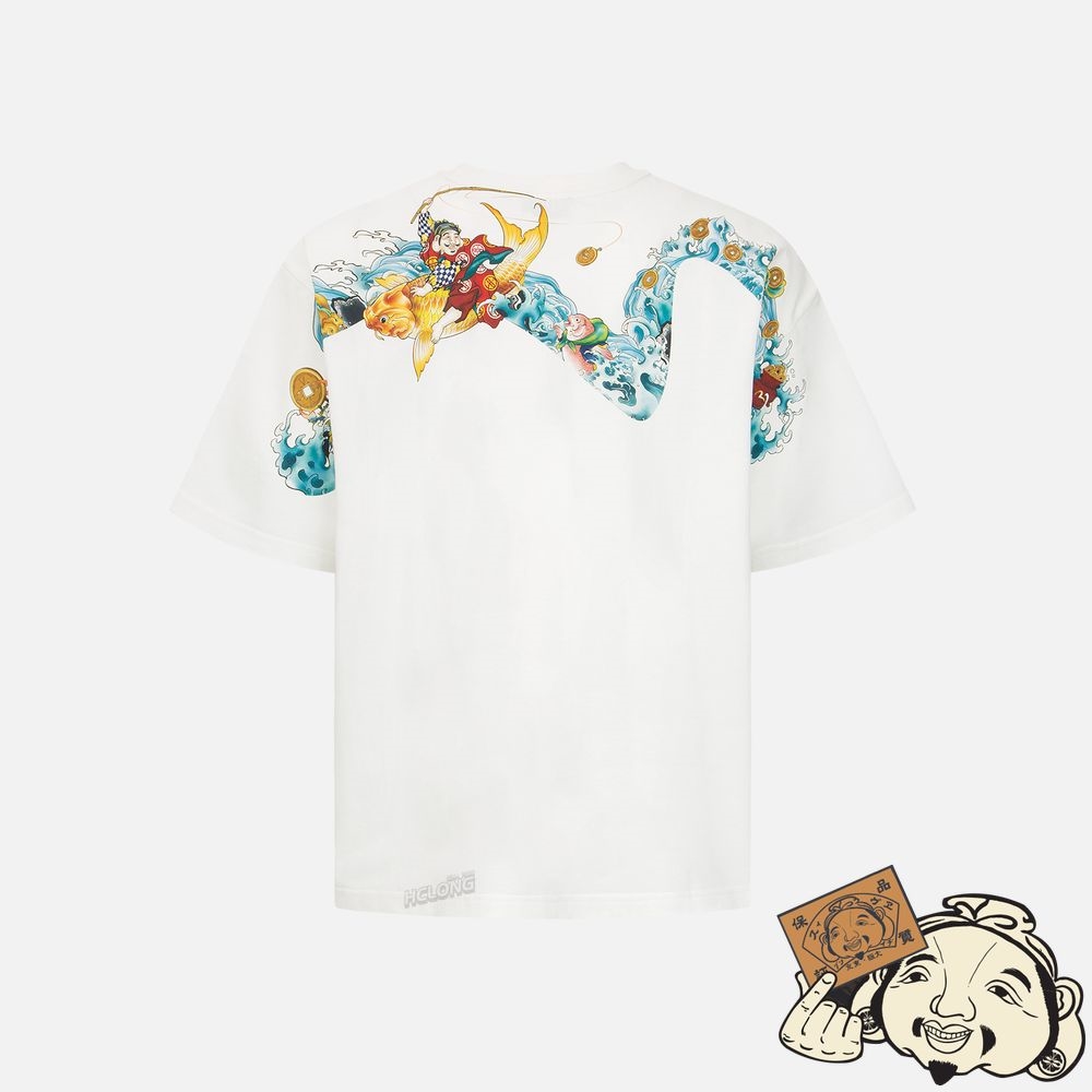 Men Evisu “THE GOD OF FORTUNE RIDING WAVES” 3D DAICOCK PRINT T-SHIRT Blanche | 023ZUHIJF