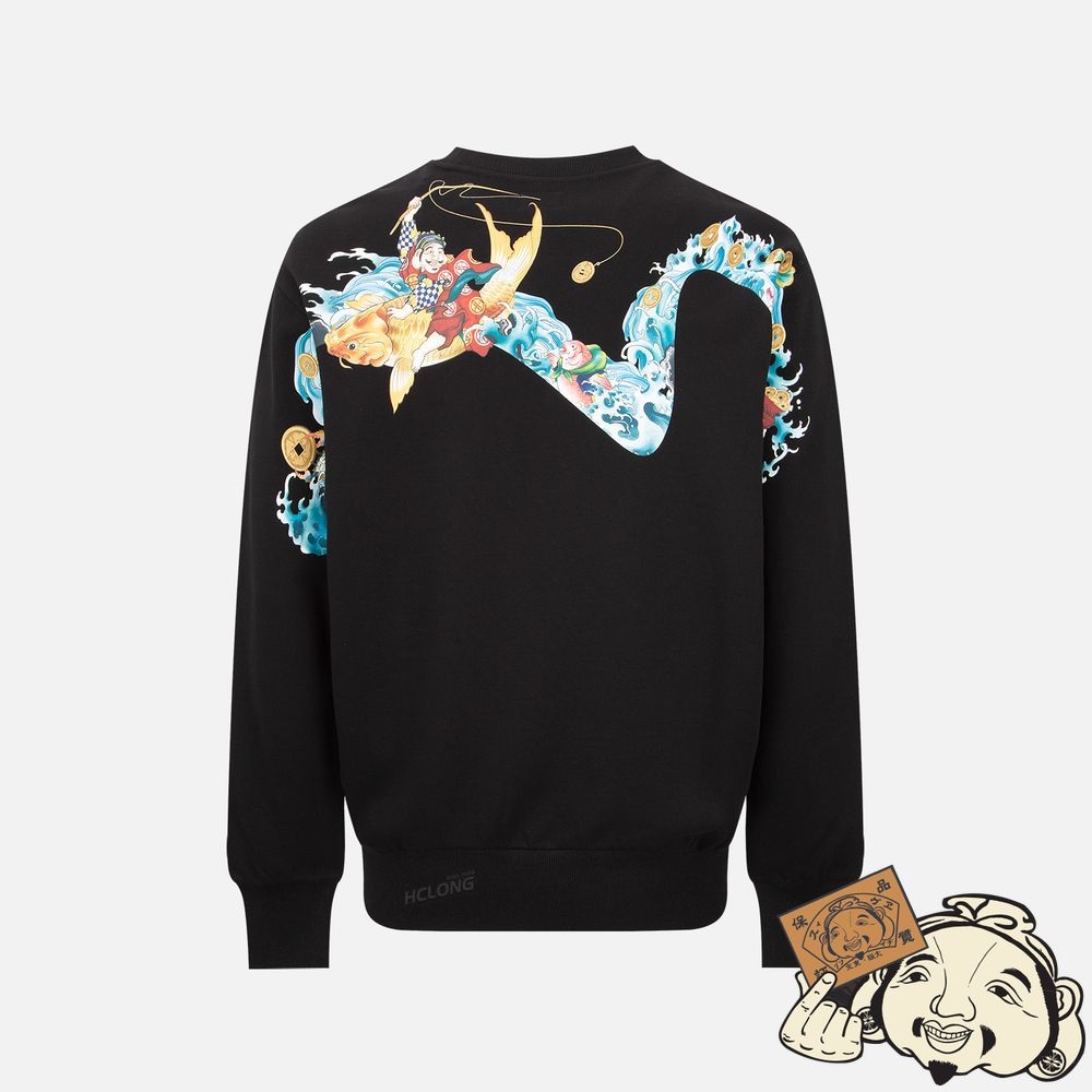 Men Evisu “THE GOD OF FORTUNE RIDING WAVES” 3D DAICOCK PRINT SWEATSHIRT Noir | 248NODAQI