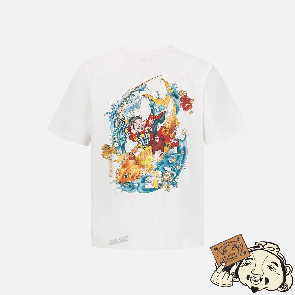 Men Evisu “THE GOD OF FORTUNE RIDING WAVES” PRINT T-SHIRT Blanche | 586ZWOBNV