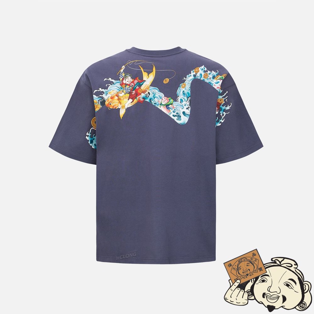 Men Evisu “THE GOD OF FORTUNE RIDING WAVES” 3D DAICOCK PRINT T-SHIRT Violette | 684RWNKUT