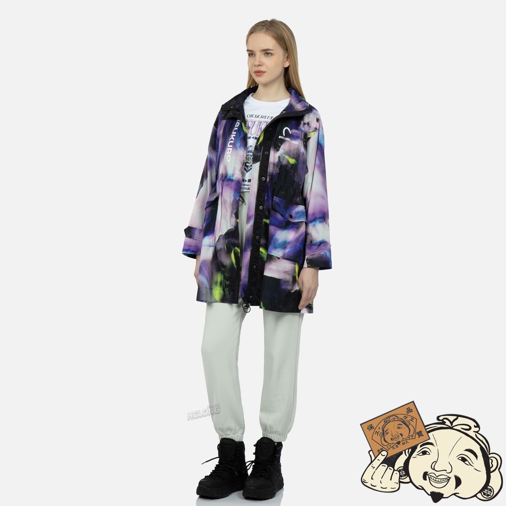 Women Evisu ABSTRACT PRINT HOODED WIND COAT Violette | 957UOABPY