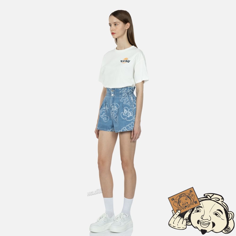 Women Evisu ALLOVER GRAFFITI DARUMA AND LOGO LASER-PRINT DENIM SHORTS Indigo | 345EMJBPY