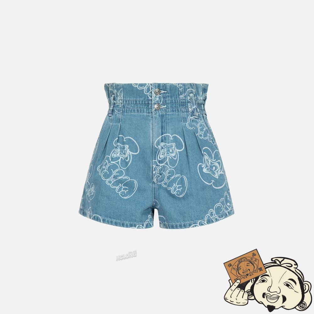 Women Evisu ALLOVER GRAFFITI DARUMA AND LOGO LASER-PRINT DENIM SHORTS Indigo | 345EMJBPY