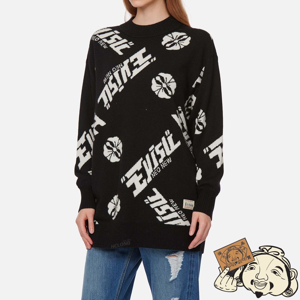 Women Evisu ALLOVER KAMON AND LOGO JACQUARD SWEATER Noir | 126LYMDGB