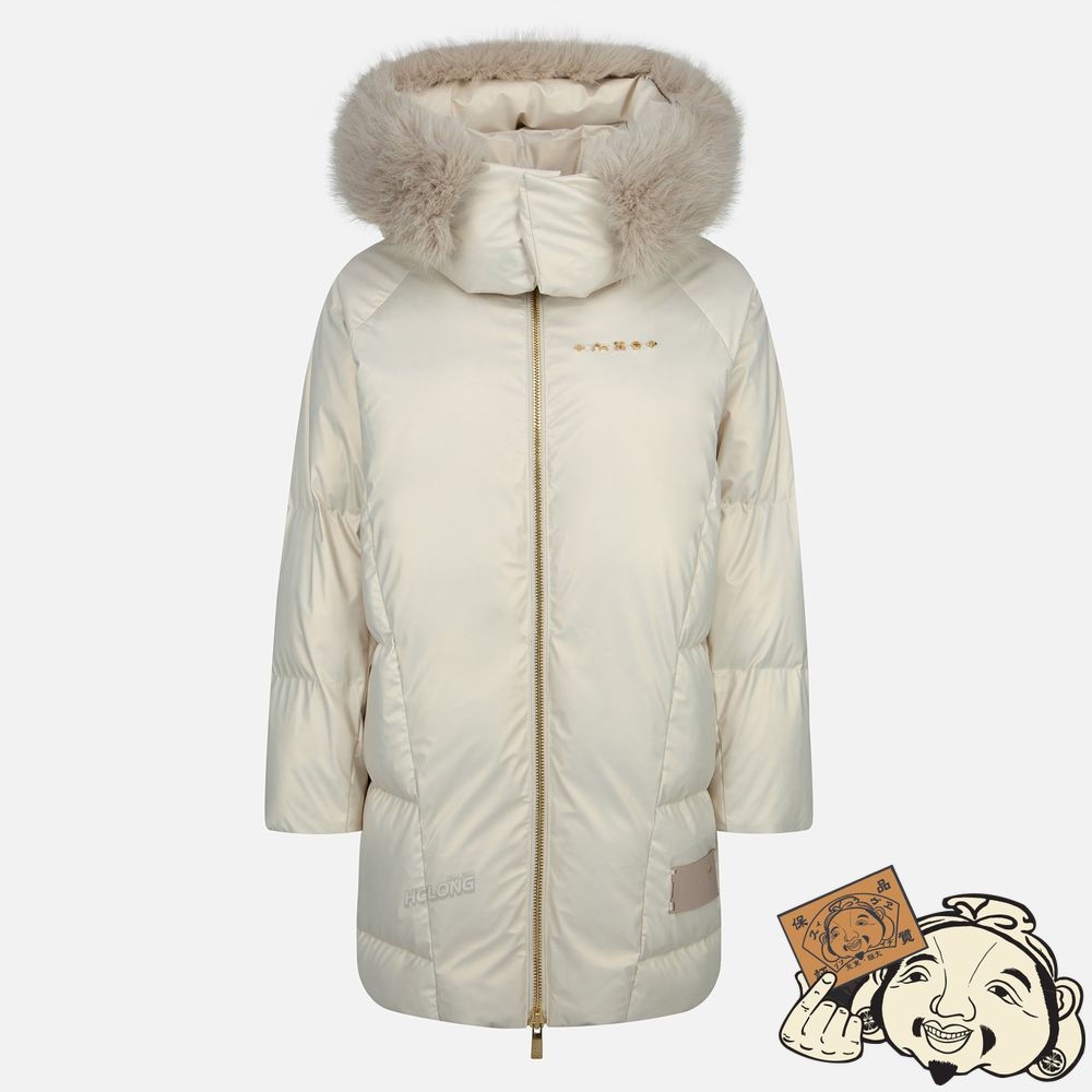 Women Evisu BRUSHED SEAGULL EMBROIDERY DOWN COAT Blanche | 415DPGZJB