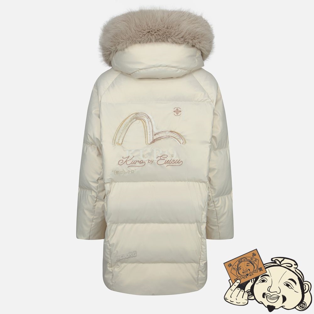 Women Evisu BRUSHED SEAGULL EMBROIDERY DOWN COAT Blanche | 415DPGZJB