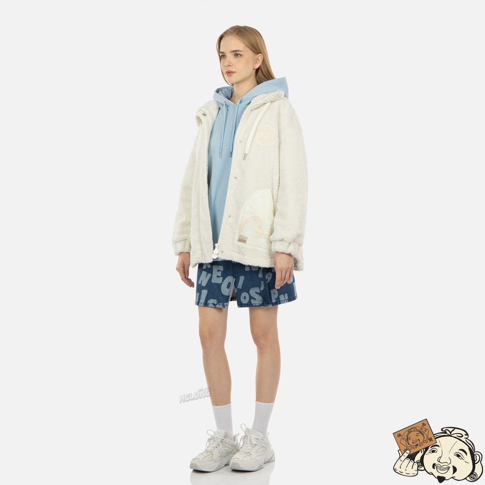 Women Evisu CORDUROY BLOCKED ZIP-UP SHERPA COAT Blanche | 590MOYEBG