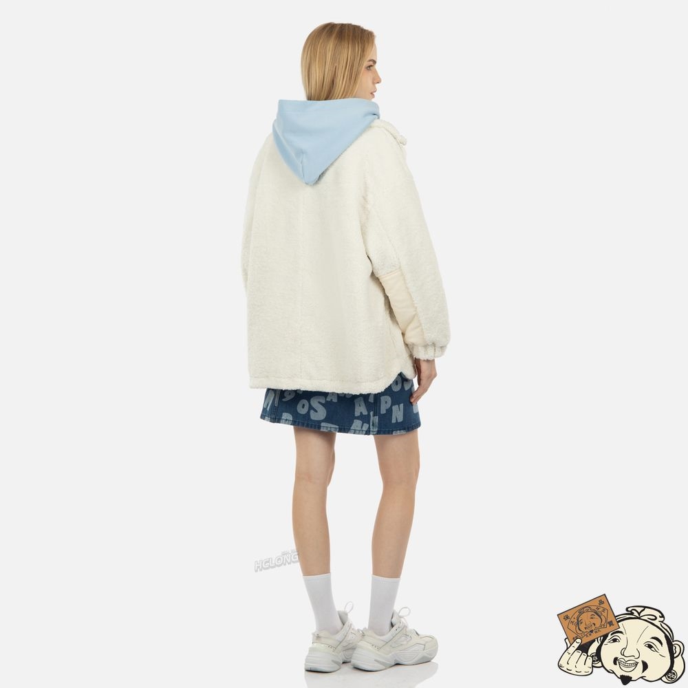 Women Evisu CORDUROY BLOCKED ZIP-UP SHERPA COAT Blanche | 590MOYEBG