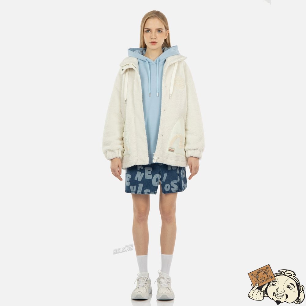 Women Evisu CORDUROY BLOCKED ZIP-UP SHERPA COAT Blanche | 590MOYEBG