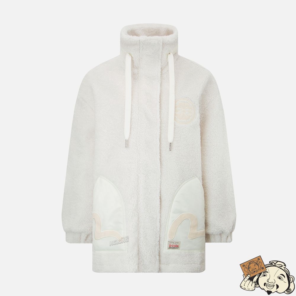 Women Evisu CORDUROY BLOCKED ZIP-UP SHERPA COAT Blanche | 590MOYEBG