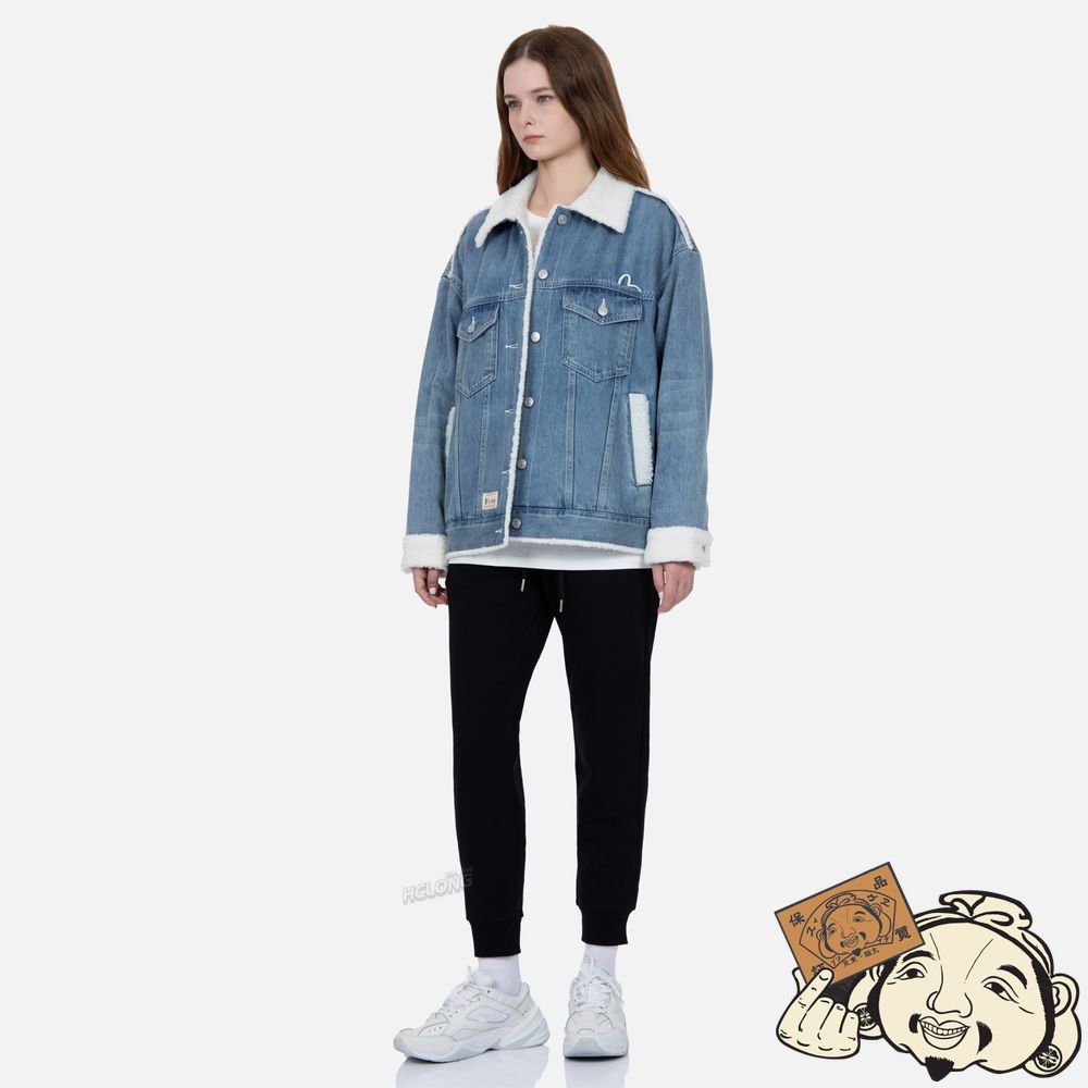 Women Evisu DARUMA AND FORTUNE CAT EMBROIDERY SHERPA-LINED DENIM JACKET Indigo | 132IKTSPL